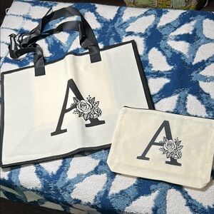 Monogrammed A Tote and Pouch Set - cream and White